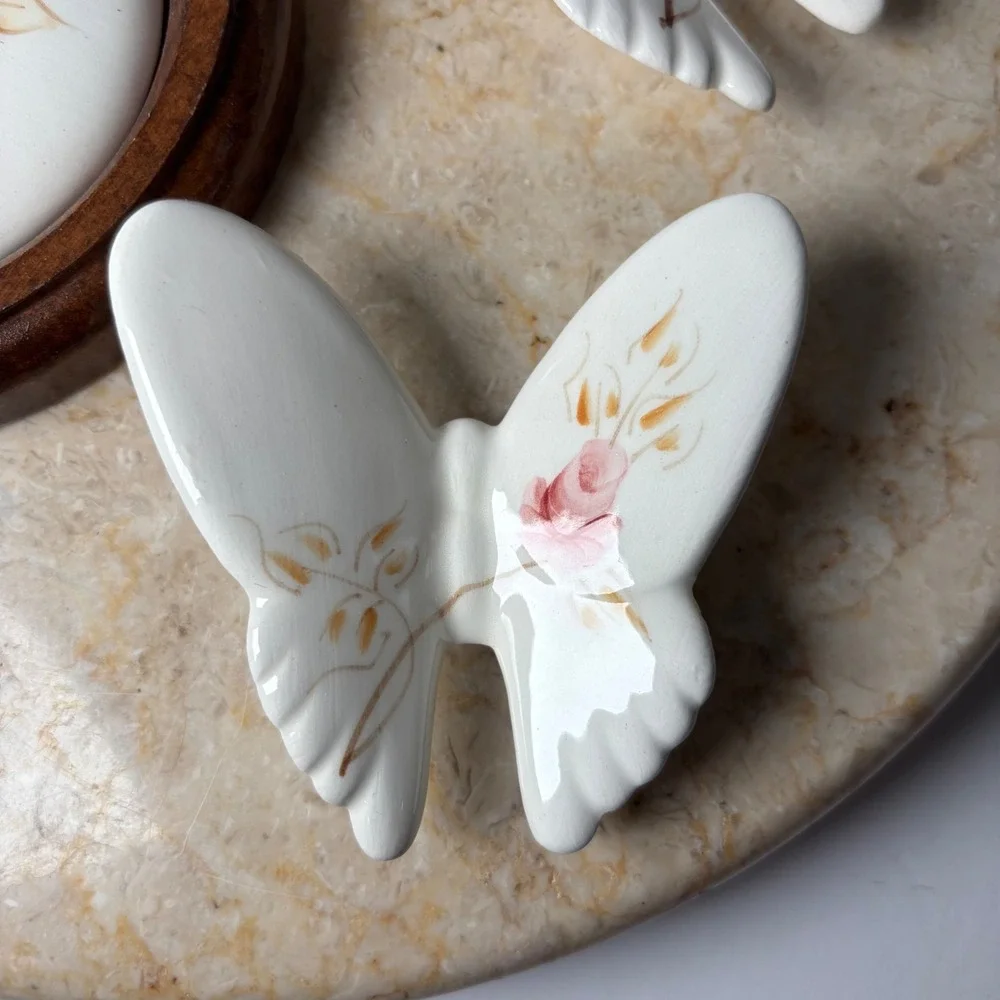 VTG Homco Ceramic Butterfly & Rose Wall Decor Set 4pc White Pink Shabby Chic